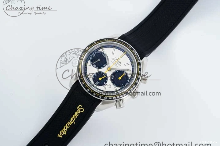 0706 TopPick Speedmaster Racing Master SS HKF Best Edition White Black Dial on Black Rubber Strap A 7813